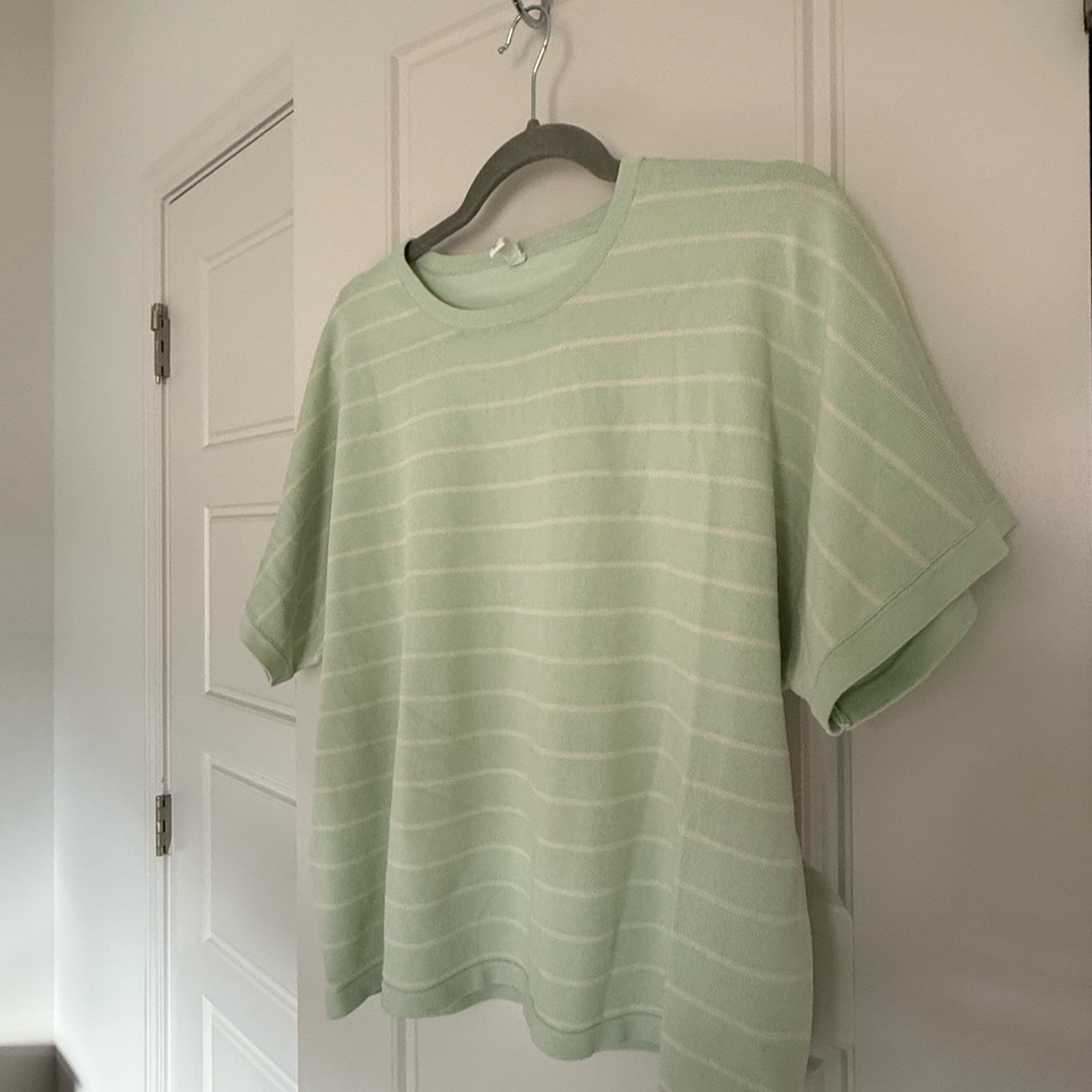 Wishlist Light Green and Cream Striped Short Sleeved Sweater